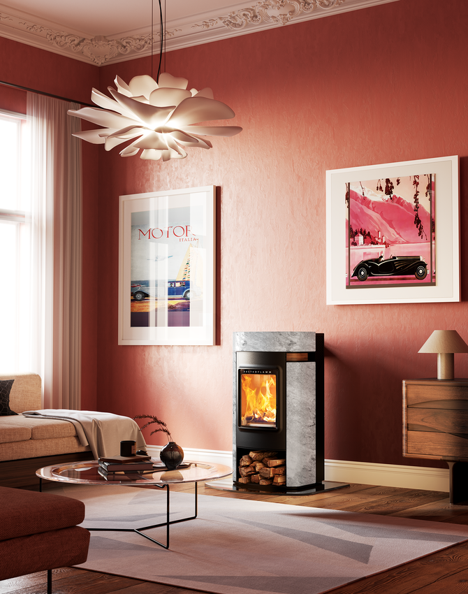 Kaminofen Elise Marble Grey Clouds Raumansicht