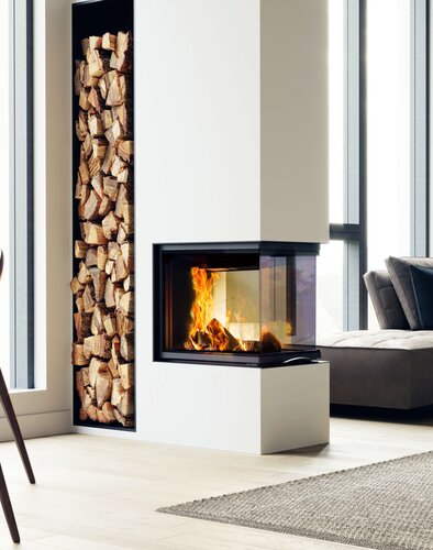 Kamineinsatz 48x72x51 S3 in schwarzer Keramik Ambiente und Raumansicht