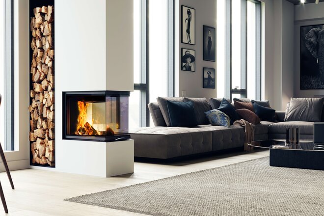 Kamineinsatz 48x72x51 S3 in schwarzer Keramik Ambiente und Raumansicht