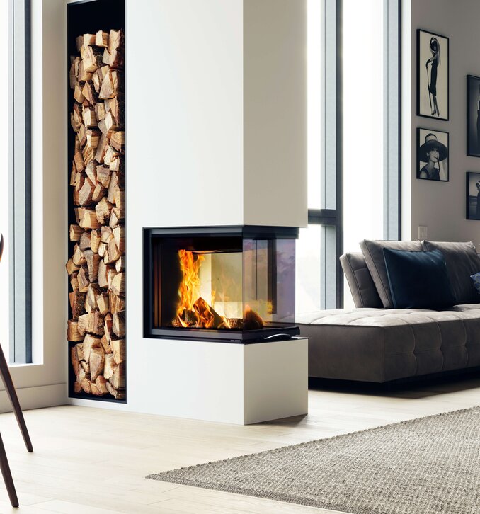 Kamineinsatz 48x72x51 S3 in schwarzer Keramik Ambiente und Raumansicht