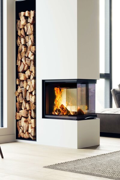 Kamineinsatz 48x72x51 S3 in schwarzer Keramik Ambiente und Raumansicht