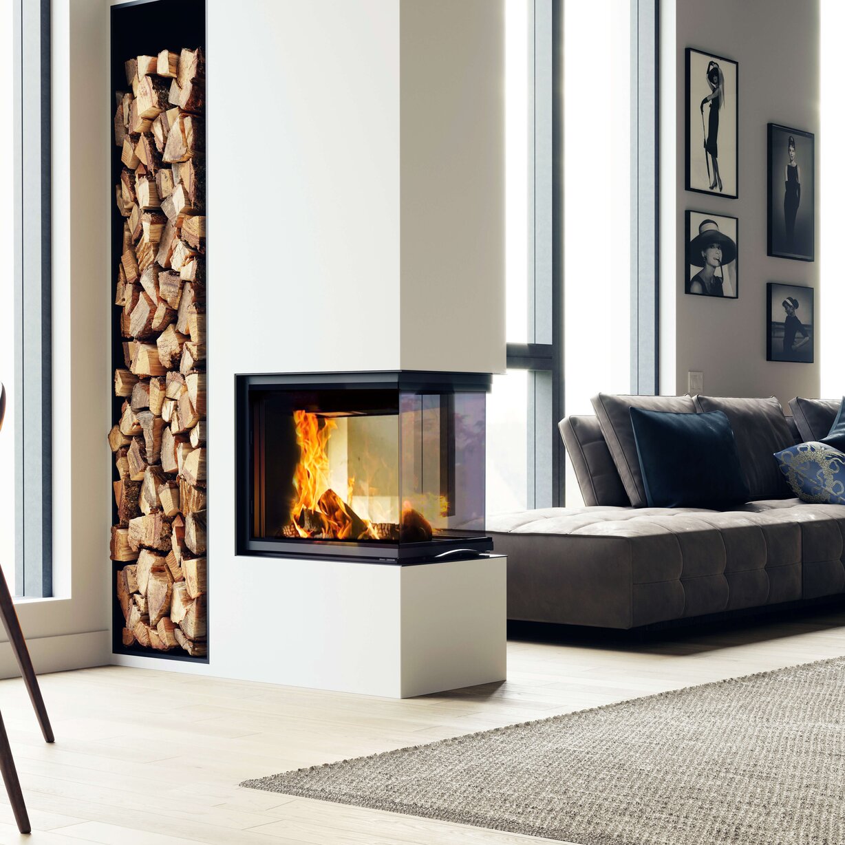 Kamineinsatz 48x72x51 S3 in schwarzer Keramik Ambiente und Raumansicht