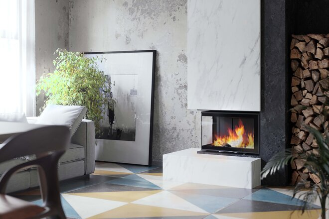 Kamineinsatz 63x40x42 S 2.0 in schwarzer Keramik Ambiente und Raumansicht