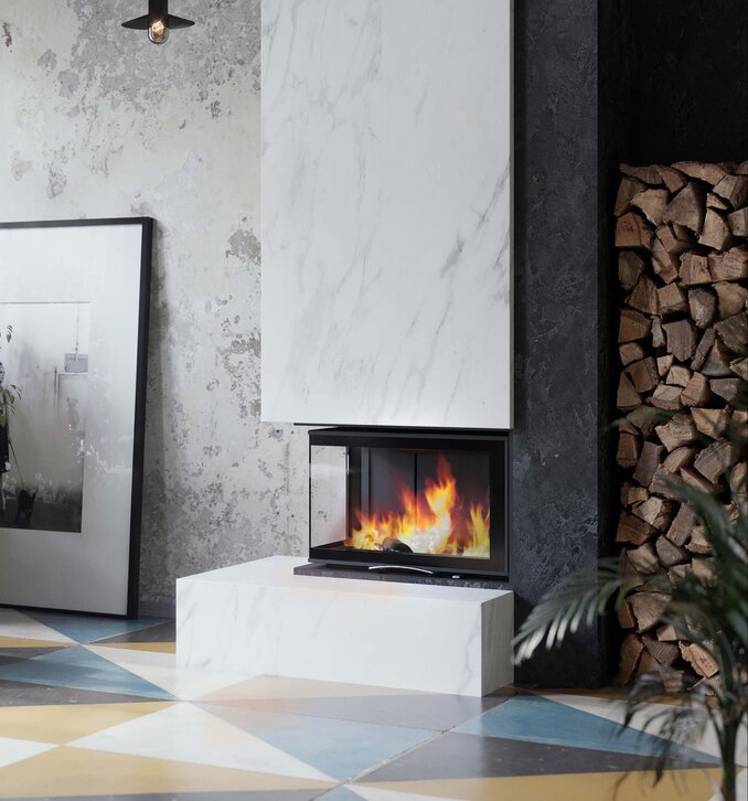 Kamineinsatz 63x40x42 S 2.0 in schwarzer Keramik Ambiente und Raumansicht