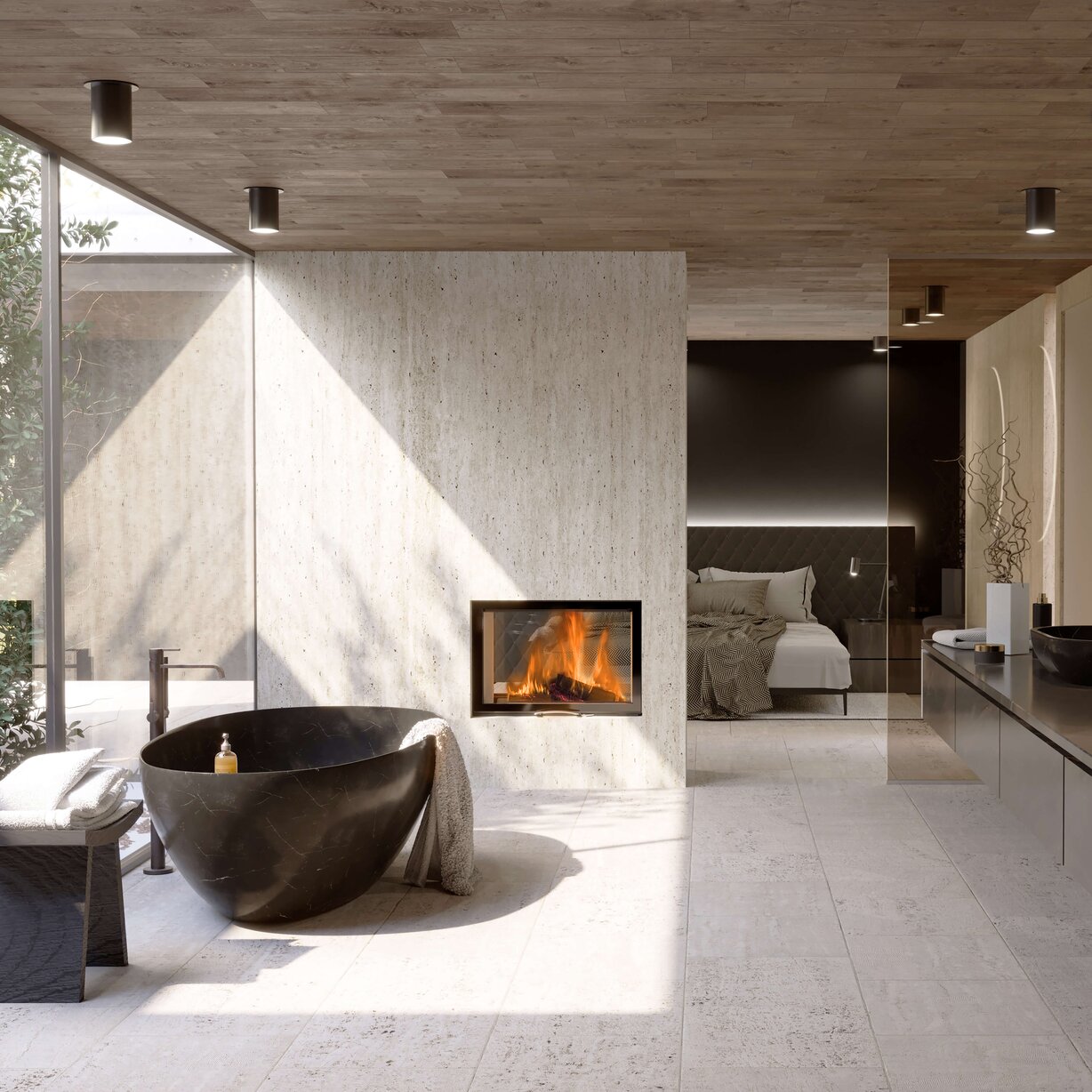 Designkamin in einem Badezimmer